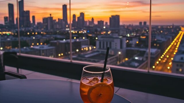 Glass of aperol spritz cocktail on a rooftop terrace with a stunning city view. Enjoying a refreshing alcoholic beverage during a beautiful sunset over the metropolis