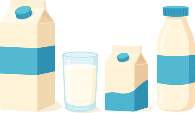 Milk pack. Milk bottle icon set. Set of milk in different packages: glass, carton, bottle. Vector illustration in flat style