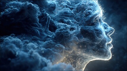 luminous digital human profile emerging from a swirling cloud of glowing particles symbolizing artificial intelligence data streams and the intricate essence of consciousness
