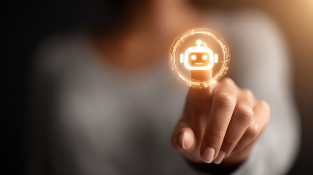 woman pressing a glowing chatbot icon on a virtual screen representing artificial intelligence automation and digital communication - Powered by Adobe
