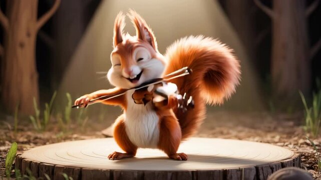 Talented squirrel cartoon playing violin in warm glowing light