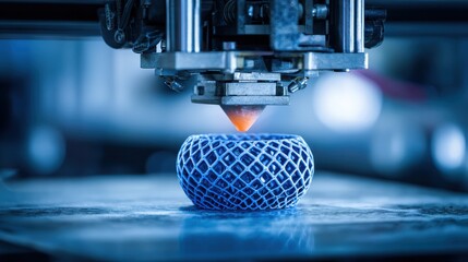 blue lattice form growing under 3d printer nozzle futuristic lab symbol of additive manufacturing innovation sustainable production and industry four zero trend
