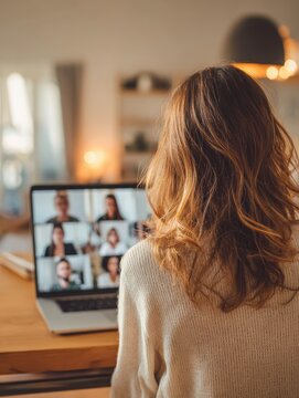 back view of business woman talking to her colleagues about plan in video conference multiethnic business team using laptop for a online meeting in video call group of people smart working from home 