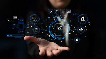 An advanced AI system for business and financial analysis. A futuristic interface for commanding an AI to process data from various domains. Motif