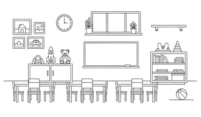 a simple line drawing depicts a classroom setting with a whiteboard desks chairs and various decorative elements like toys and plants high quality © rsvect02