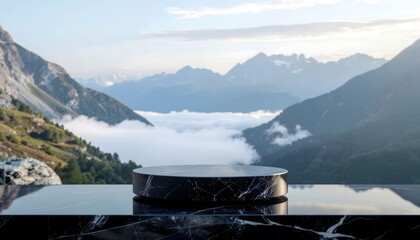 Polished Black Granite With Misty Mountain Peaks. Background for product display and advertisement