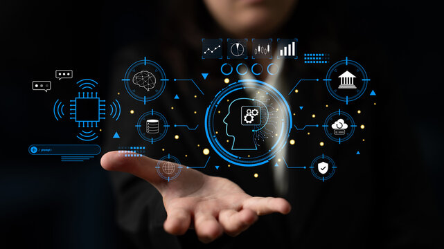 An advanced AI system for business and financial analysis. A futuristic interface for commanding an AI to process data from various domains. Motif - Powered by Adobe