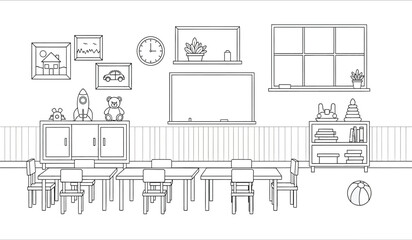 a simple black and white line drawing depicts a classroom scene with desks chairs a whiteboard and various decorative elements on the walls