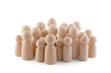 Large group of wooden people figurines isolated on white background with clipping path