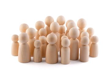 Large group of wooden people figurines isolated on white background with clipping path