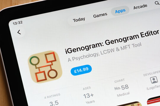 iGenogram Genogram Editor app listing shown on the Apple iPad App Store with rating and summary. Stafford, United Kingdom, December 15, 2025