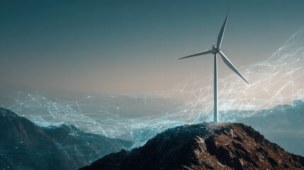 wind turbine standing on a mountain peak generating renewable energy with an overlay of a futuristic digital network symbolizing the integration of technology and sustainability for a greener future