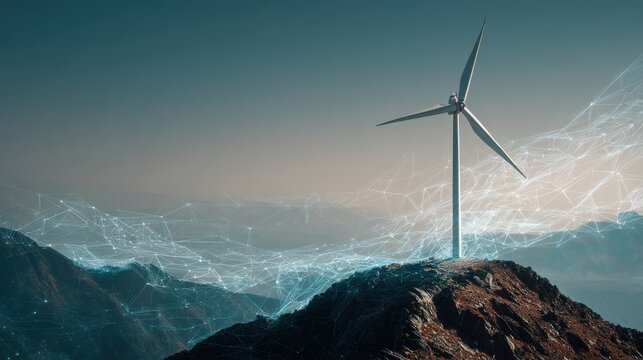 wind turbine standing on a mountain peak generating renewable energy with an overlay of a futuristic digital network symbolizing the integration of technology and sustainability for a greener future - Powered by Adobe
