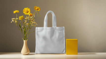 White tote bag mockup with yellow flowers and geometric shape