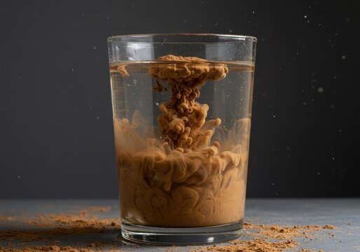 Thick brown clay powder is rapidly dissolving into clear, fresh water in a simple glass container, creating a messy, opaque mixture, mud, clay, mixing