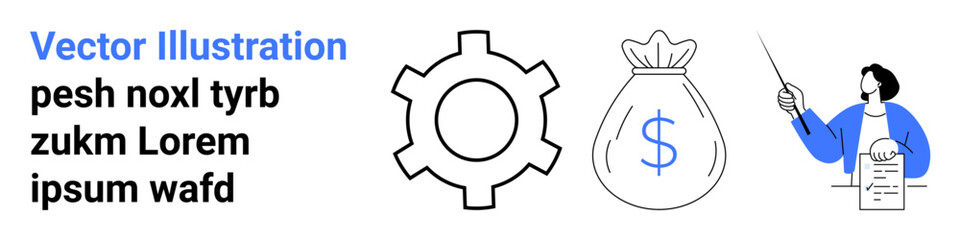 Gear, money bag denoting finance, and presenter with pointer explaining a document. Ideal for business strategy, productivity, finance, economics, teaching, guidance simple landing page
