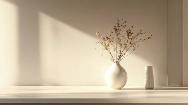 Ceramic vases on white countertop with sunlight shining through.