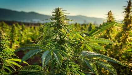 Fototapeta premium Closeup Of A Cannabis Plant In An Outdoor Marijuana Farm Just Before Harvest