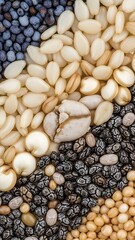 A close-up view of various seeds and grains, including poppy, sesame, and other types, arranged in diagonal stripes, showcasing their diverse textures and colors.