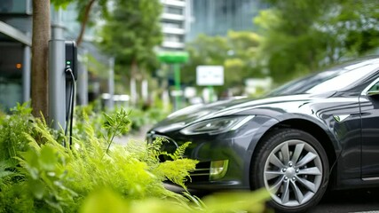Electric car charging at modern station with lush greenery in defocused background, promoting sustainable transportation, renewable energy infrastructure, eco-friendly vehicle, env - Powered by Adobe