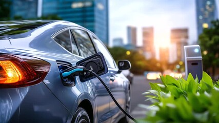 Electric vehicle charging at modern station to reduce CO2 emissions promoting sustainable energy, eco-friendly transport infrastructure, green technology, defocused urban environme - Powered by Adobe