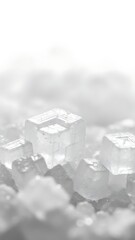 Macro close-up of clear, sparkling cubic crystals, possibly salt or sugar, against a soft white background.