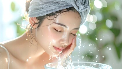 女性が水を使って顔を洗う丁寧な動作を切り取った自然派スキンケア表現