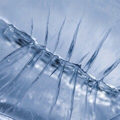A close-up view of intricate cracks in a block of clear, blue-tinted ice, showing detailed fractures and patterns.