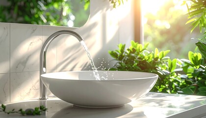 洗面台の蛇口から水が注がれる様子をシンプルに切り取った清潔な室内描写