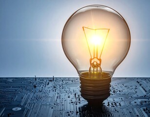 Lit lightbulb sits atop a detailed circuit board against a light blue gradient background