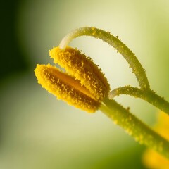 Extreme close-up of a flower's anthers covered in vibrant yellow pollen, with a soft green background.