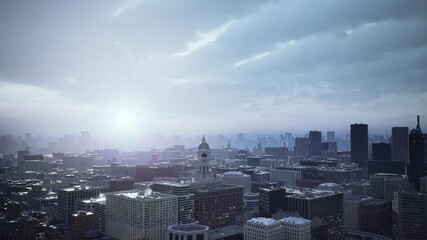 sunlit urban skyline at dawn, soft blue light over highrise buildings, distant haze and glinting windows, quiet streets and awakening traffic, rooftop