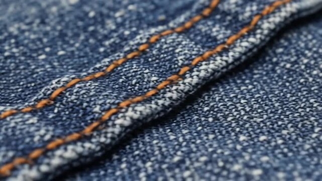 Blue denim fabric details, showcasing stitching patterns and close up texture of cotton fibers for