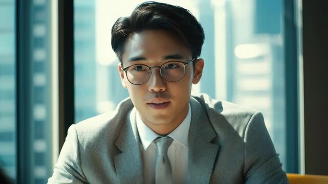Handsome man in suit, glasses and confident expression.