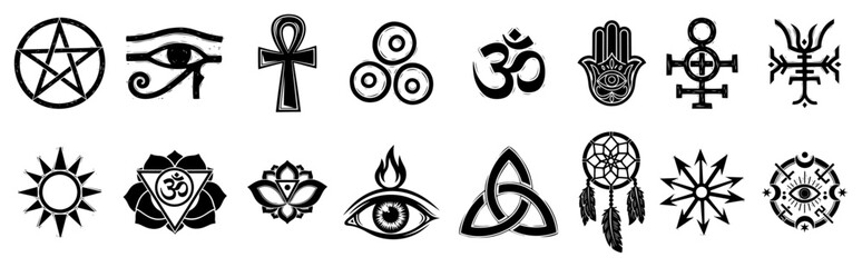 Set of mystical and esoteric spiritual symbols in black and white linocut design © Anna