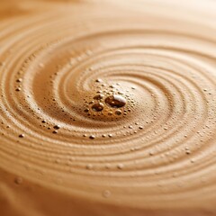 Close-up of a rich brown coffee or chocolate drink with a captivating spiral pattern and delicate foam bubbles on its surface.