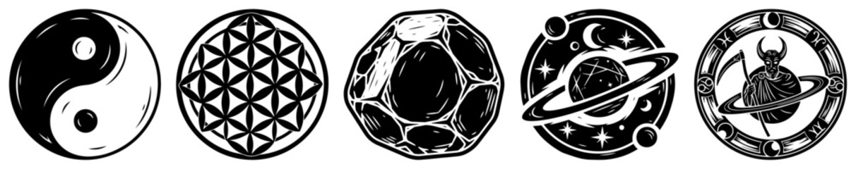 Collection of mystical and esoteric symbols including yin yang and celestial planets in woodcut style © Anna