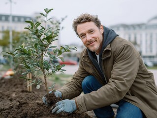 Smiling man in casual attire kneeling in soil, planting a young tree in a public space, promoting environmental awareness for Earth Day and sustainability efforts