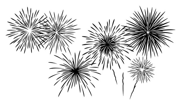 Collection of festive fireworks and sparkler explosions in minimalist linocut style