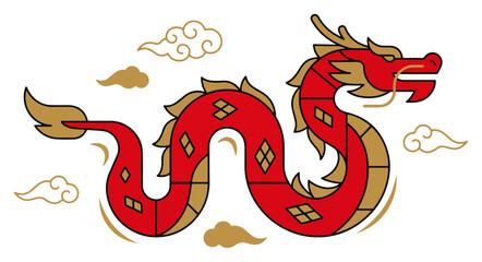 Stylized red chinese dragon vector illustration with golden clouds for lunar new year