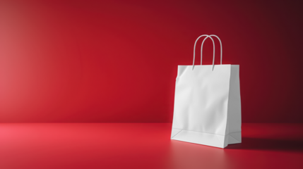 White shopping bag mockup on red background