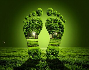 Green footprints show grassy landscape. Trees are framed within, on grassy green ground with a green background