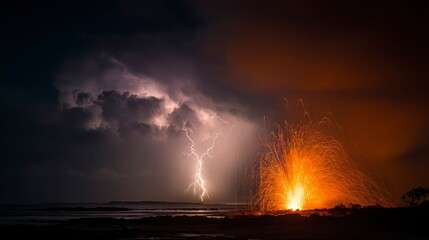 Dramatic coastal scene lightning illuminates stormy skies above a fiery volcanic eruption. Dark waves and a dramatic sky dominate the landscape