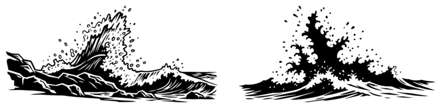 Set of two powerful ocean wave splashes with water spray in black and white hand drawn style