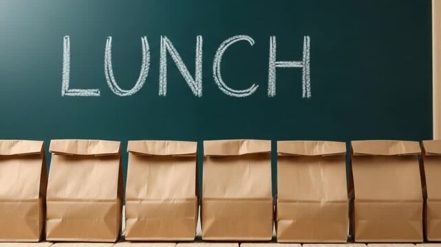 Packaged lunches arranged in a row on a table in front of a chalkboard with the word LUNCH written on it