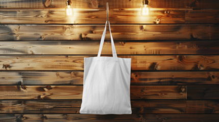 White tote bag mockup hanging on wooden background with light bulbs