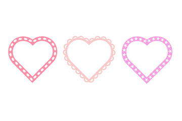 Three heart shapes appear in various designs. They feature different styles such as dotted, scalloped, and star-patterned edges