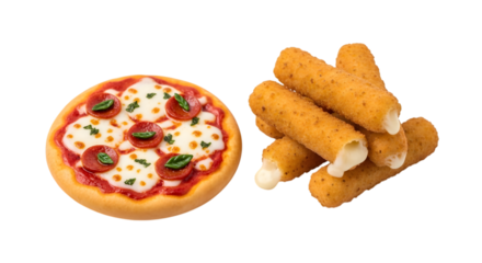 Mini pepperoni pizza and fried mozzarella sticks isolated on transparent background