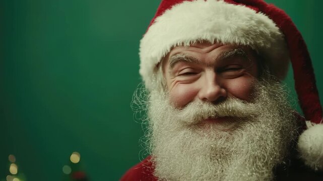 Santa's surprised expression, with green background and lights in the background.