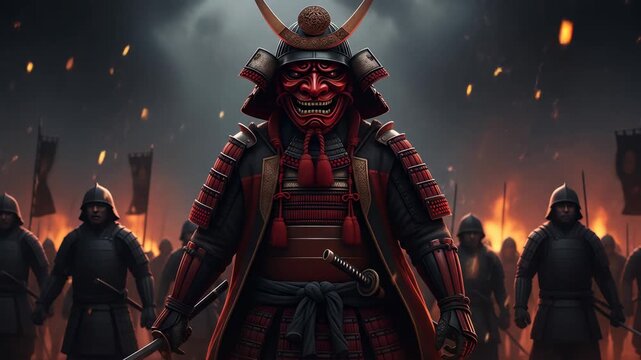 Epic Samurai Leader Directing Troops with Fiery Resolve during Battlefield Confrontation,